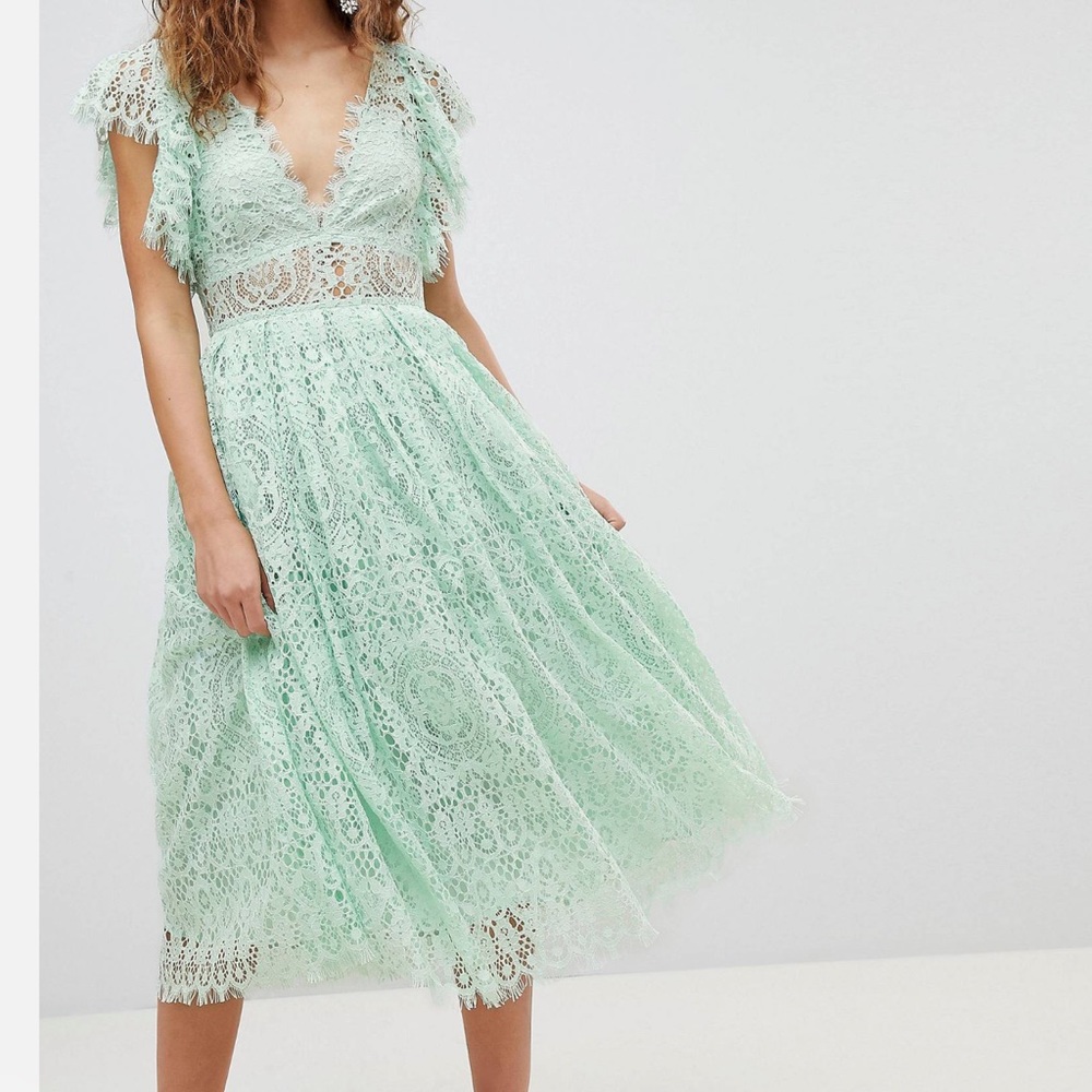 ASOS lace midi dress with frill sleeves